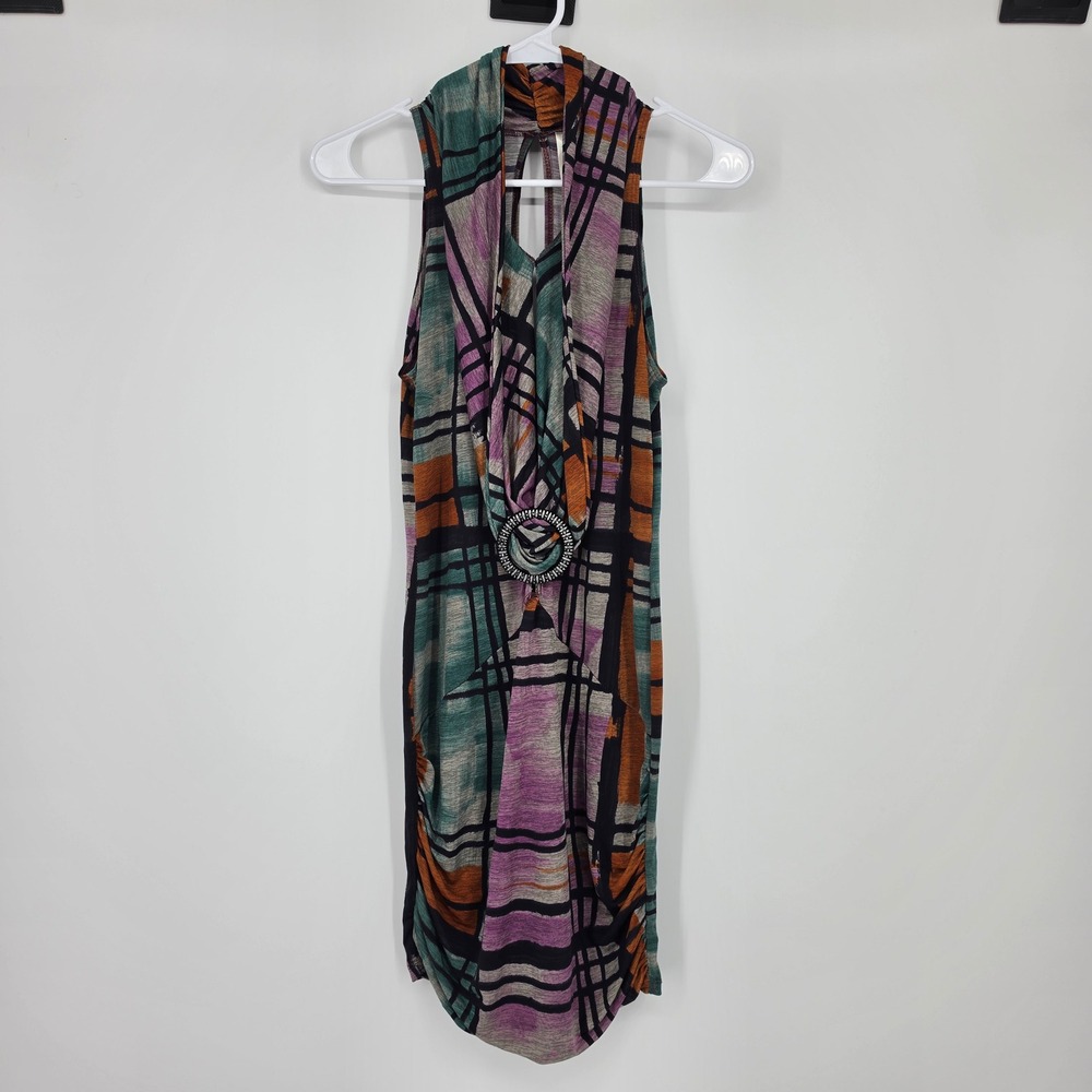 Entry Sleeveless‎ Draped Cowl Neck Dress L Multicolor Abstract Y2K Retro VTG 90s